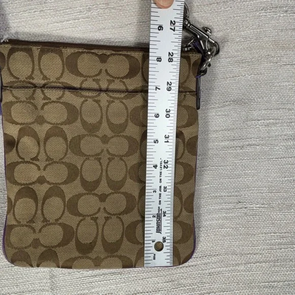 Coach Signature Monogram Canvas Purple Leather Trim Crossbody Bag - Picture 14 of 16